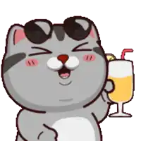 a cartoon cat wearing sunglasses is holding a glass of juice .