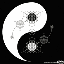 a black and white drawing of a woman 's face with a flower of life behind her