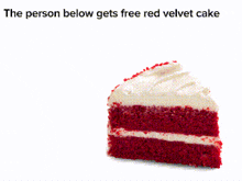 a slice of red velvet cake with a red arrow pointing down