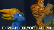 two cartoon characters are standing next to each other with the words " how about you call me " written below them