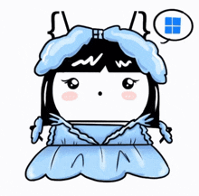 a cartoon drawing of a girl in a blue dress with a window in the background