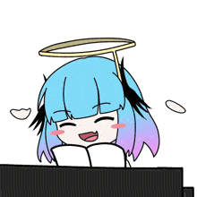 a cartoon of a girl with blue hair and a halo
