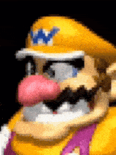 a pixel art of wario wearing a yellow hat and sunglasses with a pink nose .