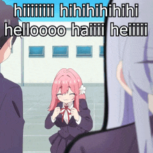 a girl with pink hair is standing in front of a man and says hellooo haiii heiiii