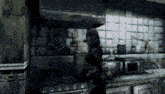 a woman in a gas mask is standing in a dark kitchen