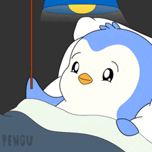 a cartoon of a penguin laying in bed with the word pengu on the bottom right