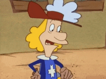 a cartoon character wearing a hat and gloves with a star on his chest