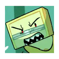 a cartoon drawing of a box with an angry face and sharp teeth
