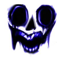 a drawing of a skull with black eyes and blue teeth