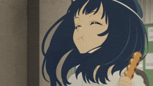 a girl with blue hair is holding a stick