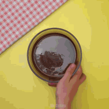 a person is holding a bowl of chocolate sauce with the words mrcakes on the bottom