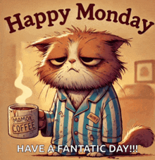 grumpy cat holding a cup of momon coffee