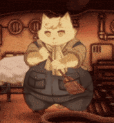 a cat in overalls is holding a broom and a towel