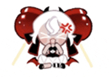 a cartoon character with white hair and red balloons on her head is sitting on a white background .