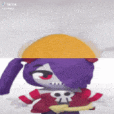 a cartoon character with purple hair and a skull on his shirt is holding a sword .