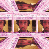 a man 's face is surrounded by pink frames that say i am expirencing