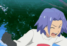 a cartoon character with purple hair and a white shirt with a red r on it