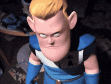 a cartoon character with blonde hair and blue gloves making a funny face