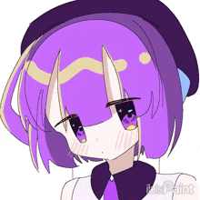 a drawing of a girl with purple hair and a hat with ibis paint written below it