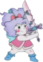 a cartoon drawing of a girl holding a large sword