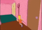 a cartoon of bart simpson standing in a room with a table and chairs