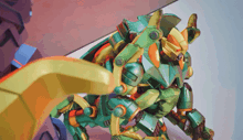a green and yellow robot with red eyes is standing in a room
