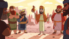a cartoon drawing of a group of men standing around a man holding a pitcher