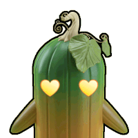 a green pumpkin with two yellow hearts on its eyes and a leaf on top