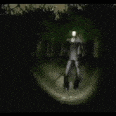 a slender man is standing in the woods at night .