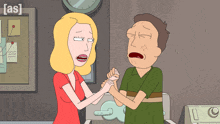 a cartoon of a woman holding a man 's hand with the word [ as ] on the bottom right