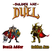 a poster for golden axe the duel shows a knight with an axe and a shield