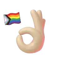 a cartoon hand with an ok sign and a rainbow flag behind it