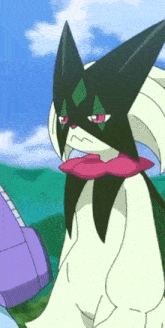 a close up of a cartoon character with a scarf around its neck and a purple object in the background .