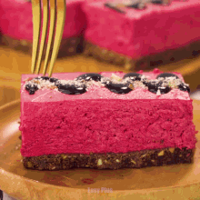 a piece of cake on a plate with easy plus written on the bottom