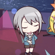 a girl with gray hair is standing in front of a pink pyramid