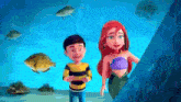 a boy and a mermaid are looking at fish in an aquarium .