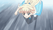a cartoon girl with blonde hair and blue eyes is running
