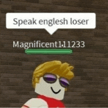 a man wearing sunglasses is standing in front of a brick wall with a speech bubble that says `` speak english loser ''