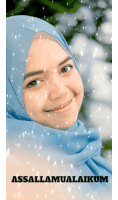 a woman wearing a blue hijab is smiling with the words assalamualaikum written below her