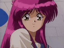 a girl with pink hair is wearing a white shirt