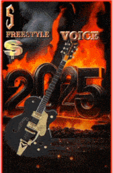 a guitar stands in front of a sign that says freestyle voice