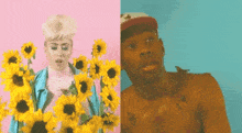 a woman and a man are standing next to each other holding sunflowers .