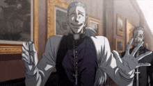 a priest with a cross on his chest is smiling in front of paintings