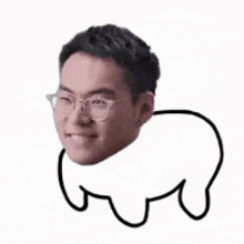 a drawing of a man wearing glasses and a sheep 's head on a white background .