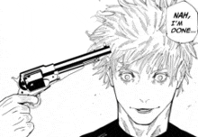 a man is holding a gun to his head and says nah i 'm done