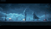 a couple of men standing next to each other with a city in the background