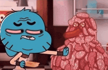 a cartoon character from the amazing world of gumball is standing next to a pile of sausages