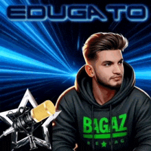 a man wearing a black hoodie that says bagaz