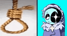 a picture of a rope noose next to a picture of a cartoon character with headphones on .