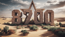 a desert landscape with a large stone sculpture that says 87000